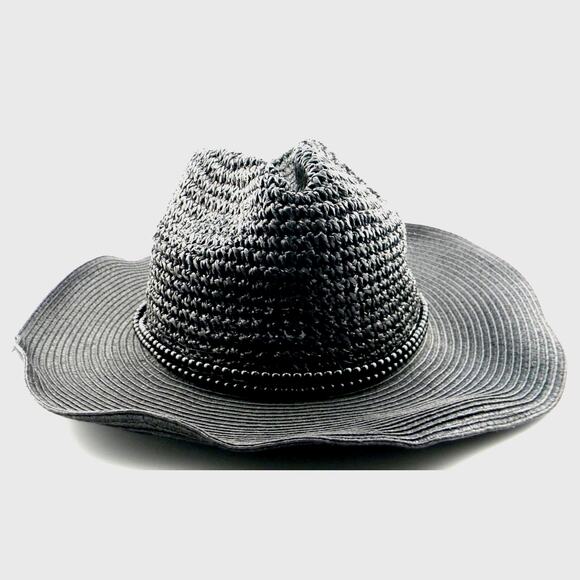 Vince Camuto Women's Black‎ Woven Paper Straw Sun Hat Beaded Band OS Beach - Picture 2 of 6